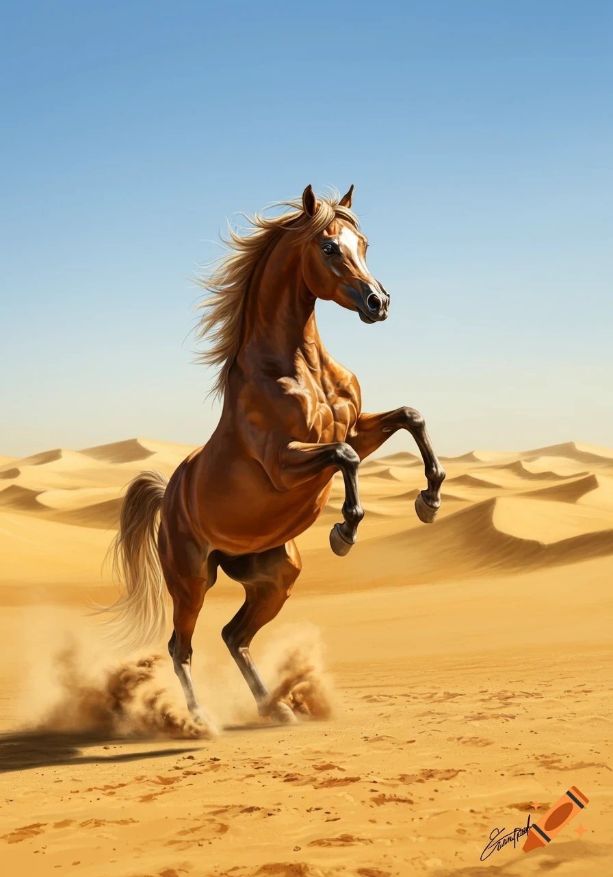A majestic brown Arabian horse rears in a sandy desert under a clear blue sky, kicking up dust.