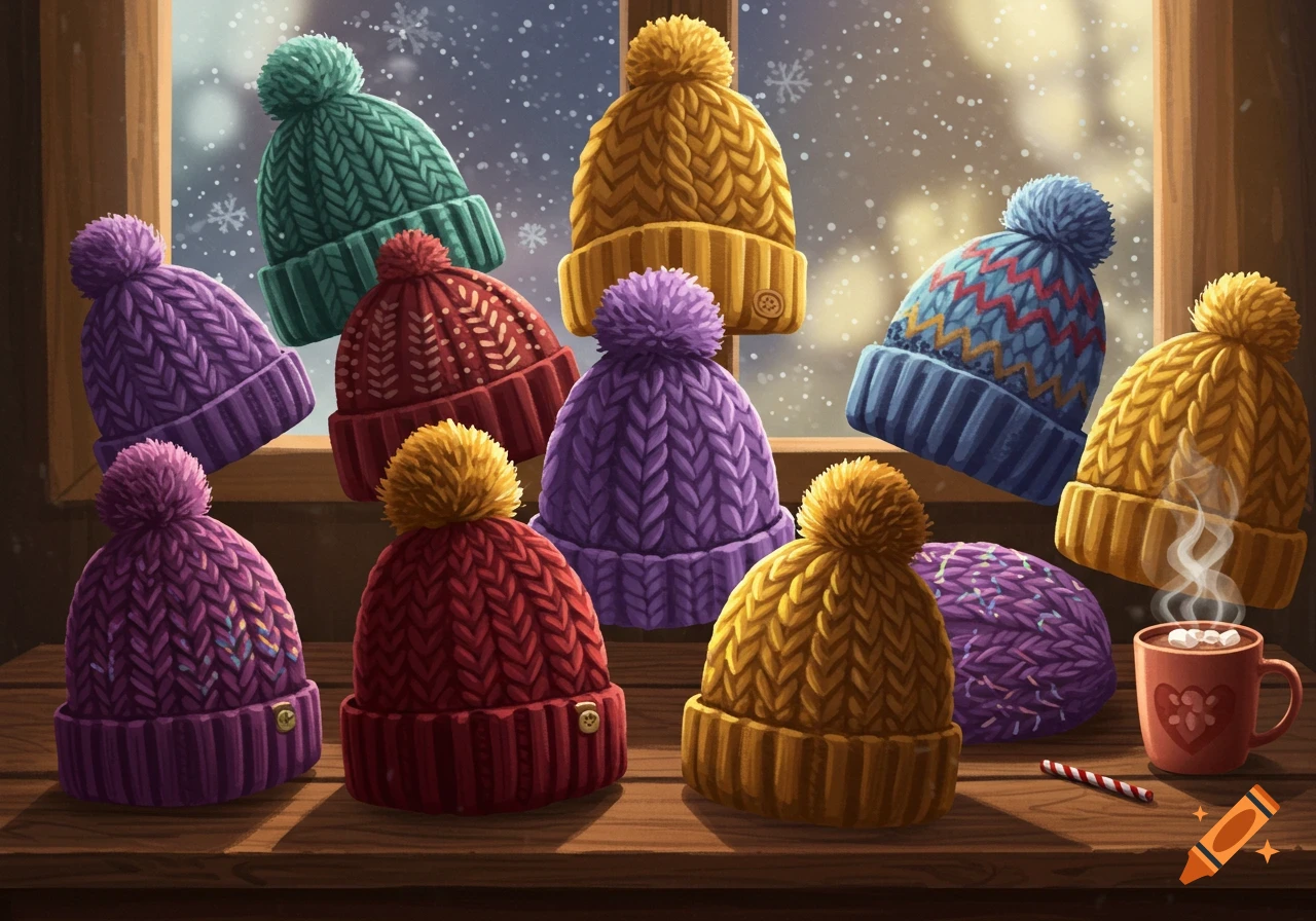 Colorful knitted winter hats with pom-poms on a wooden table by a snowy window, alongside a mug of hot cocoa and a candy cane.