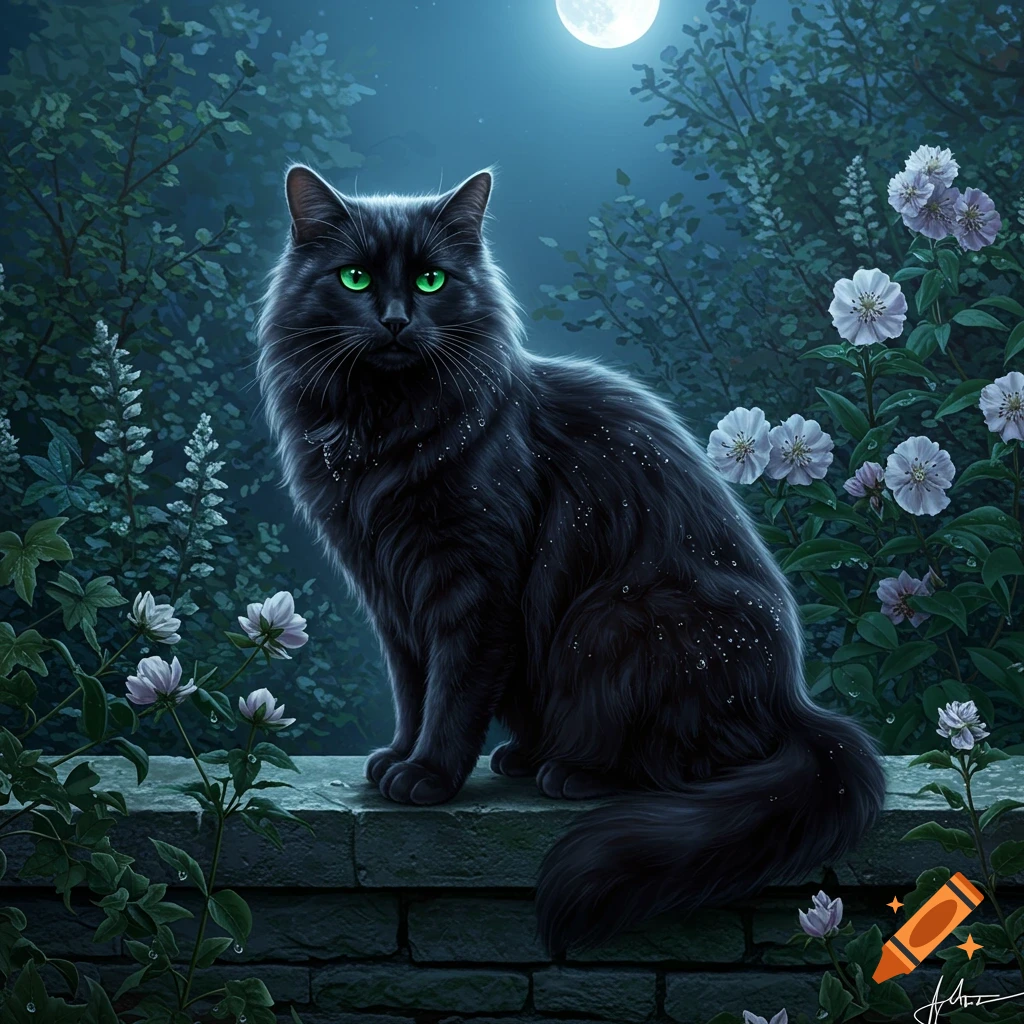 A fluffy black cat with glowing green eyes sits on a stone wall in a dark, moonlit garden with white flowers.