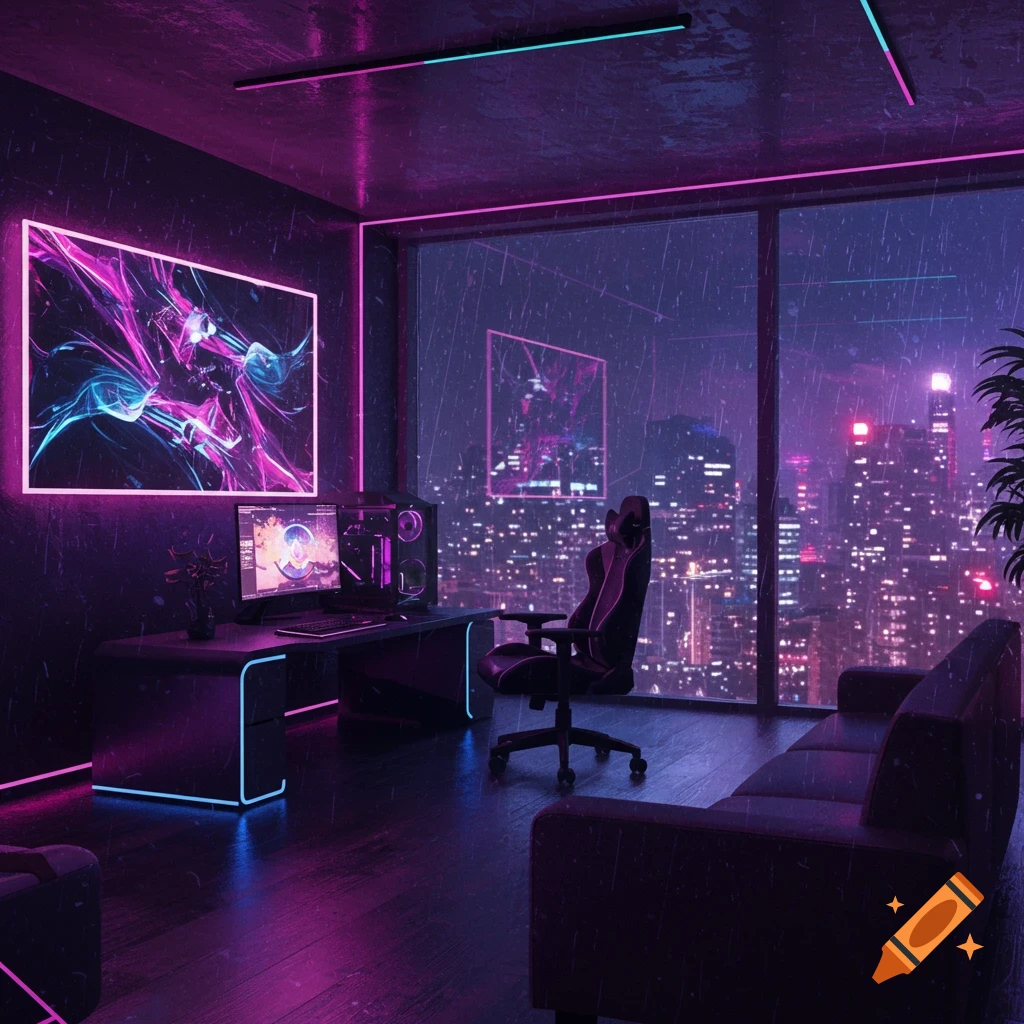 A futuristic gaming room with purple and blue neon lights, a gaming PC setup, and a large window overlooking a rainy cityscape at night.