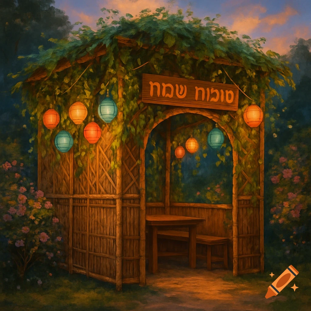 A bamboo sukkah hut covered in green vines, adorned with colorful lanterns, in a lush garden at sunset. A sign reads 'Sukkot Sameach'.