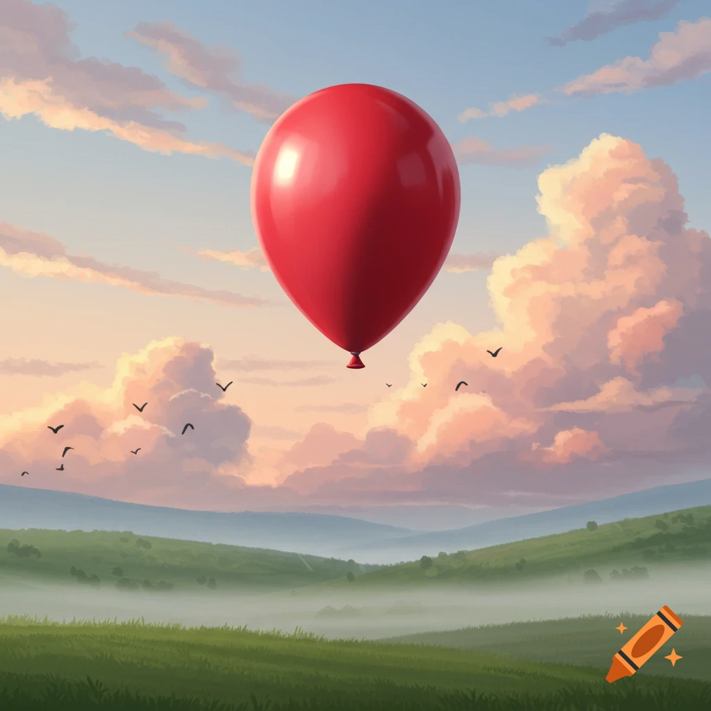 A vibrant red balloon floats high in a blue and pink cloudy sky above misty green hills. Illustrative style.