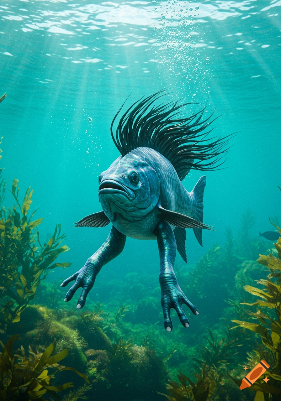 A photorealistic fish-humanoid creature with spiky black hair stands on two legs underwater.