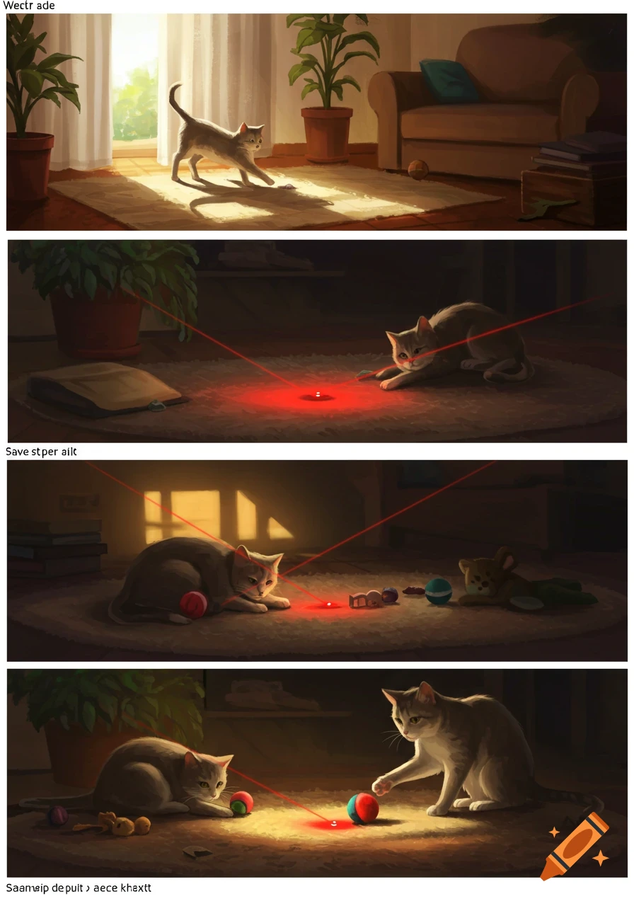 Four panels depict a gray cat playing with a laser pointer and toys, its mood shifting from excited to bored and dejected.