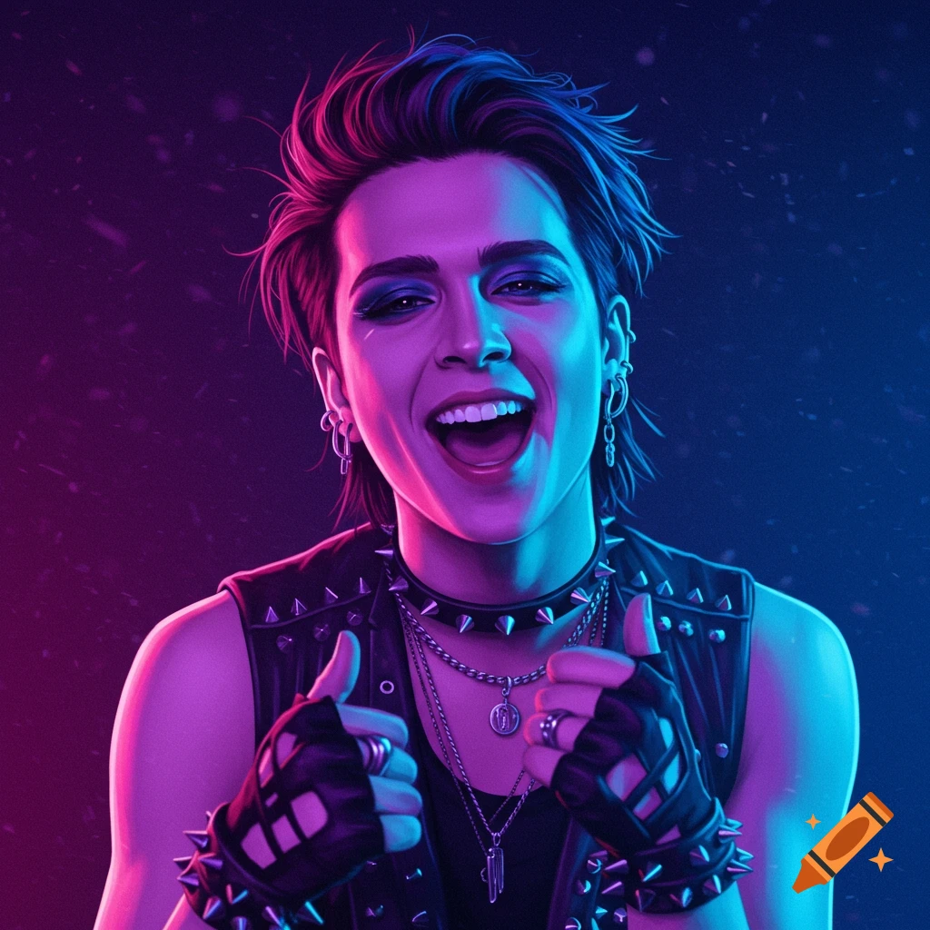 A punk rock person with spiky hair and studded attire smiles, giving two thumbs up under neon pink and blue light.