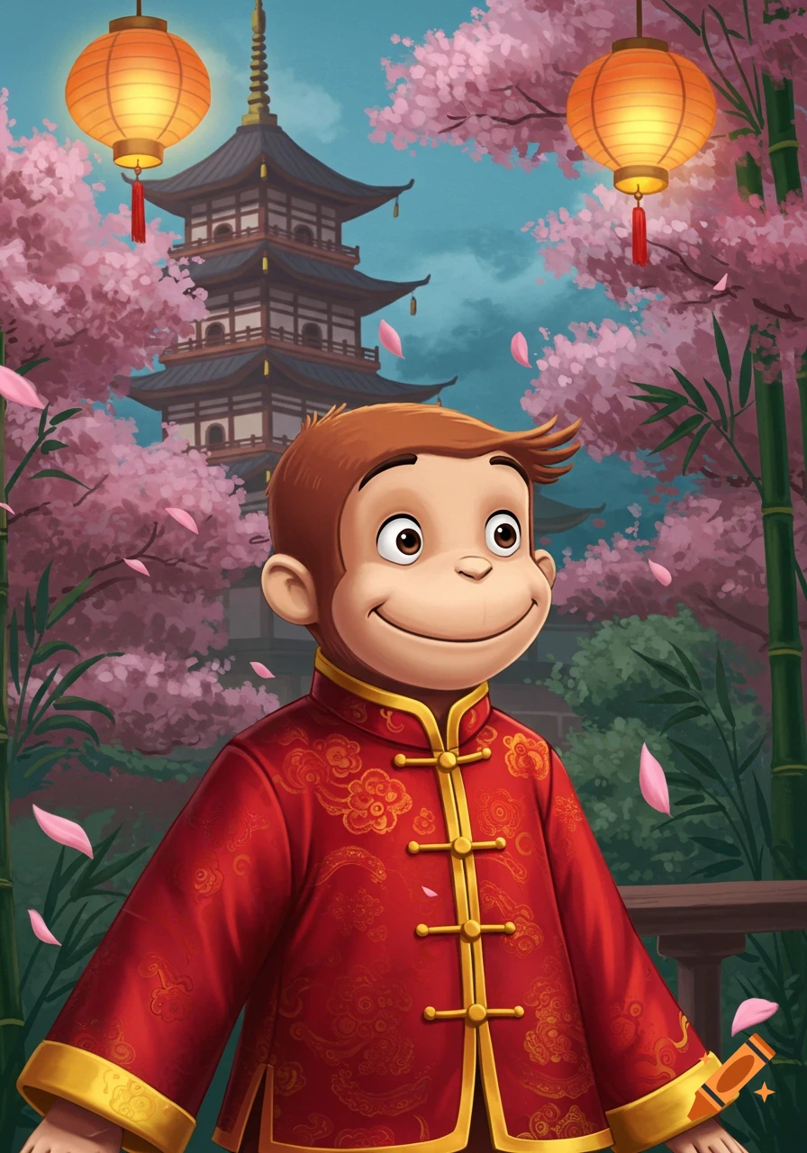 Curious George in a red Chinese jacket smiles before a pagoda, cherry blossoms, and lanterns in a colorful illustration.