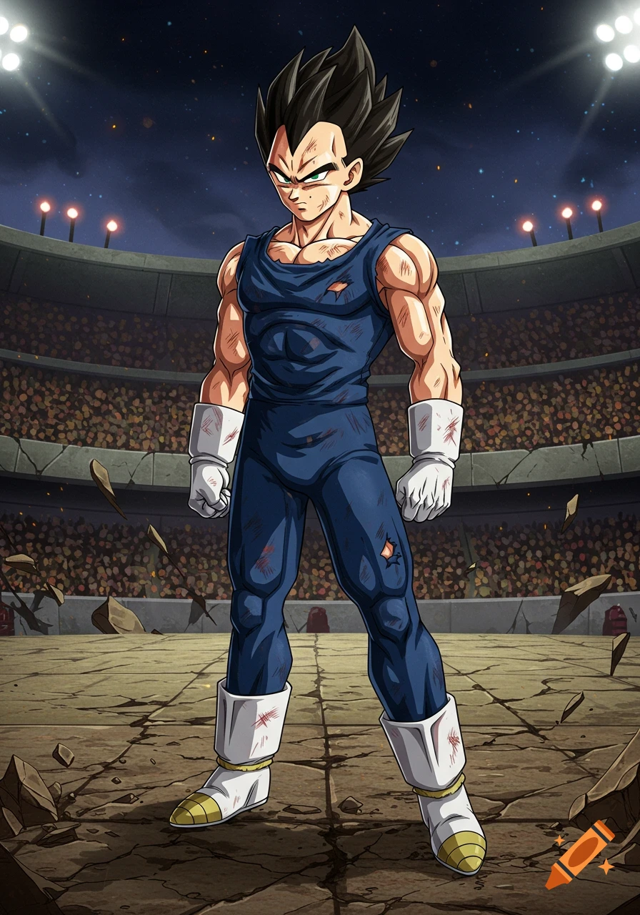 Battle-damaged Vegeta in a dark blue tank top and pants stands in a destroyed combat arena in anime art style.