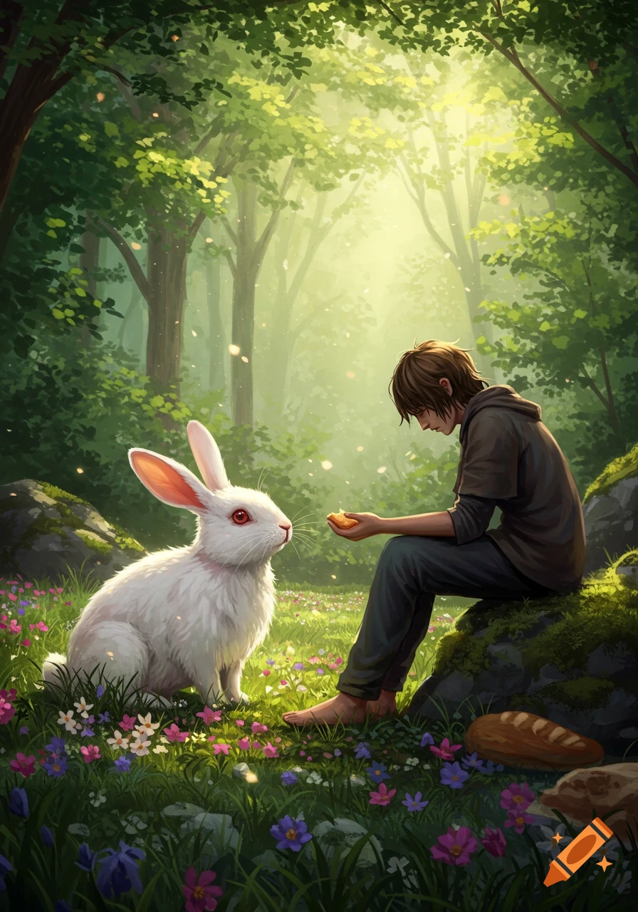 A boy feeds a white rabbit bread in a luminous forest with spring flowers. Semi-realistic, magical art style.