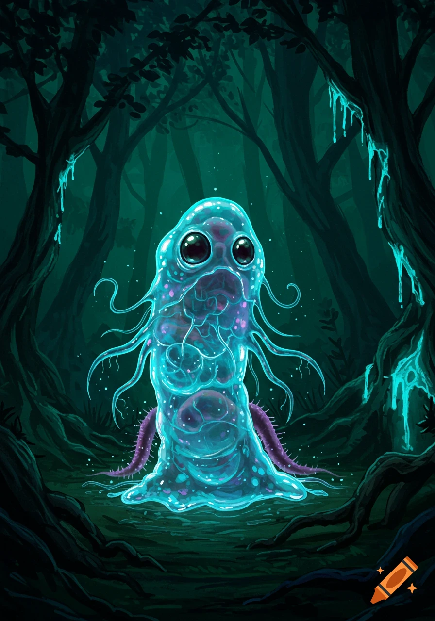 A glowing, translucent blue giardia-like monster creature with big black eyes and purple tentacles in a dark, mystical forest.