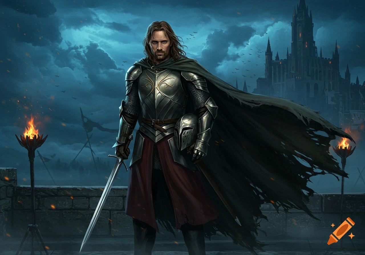A long-haired man in silver armor and a dark, torn cloak holds a sword and helmet, standing before a dark castle and a torchlit wall under a dramatic cloudy sky.