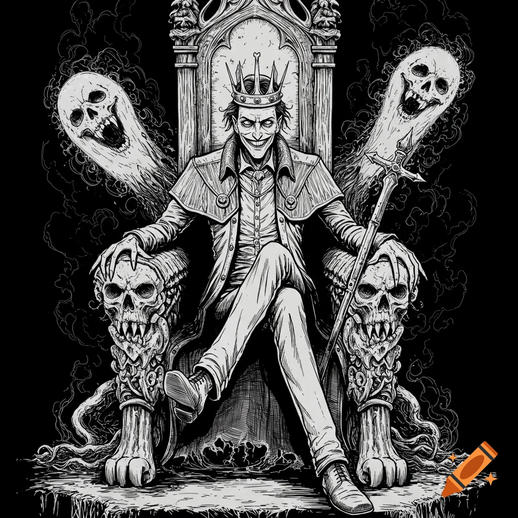 A menacing, crowned figure with a Joker-like smile sits on a skull-throne, surrounded by ghostly skulls, in a dark line drawing.