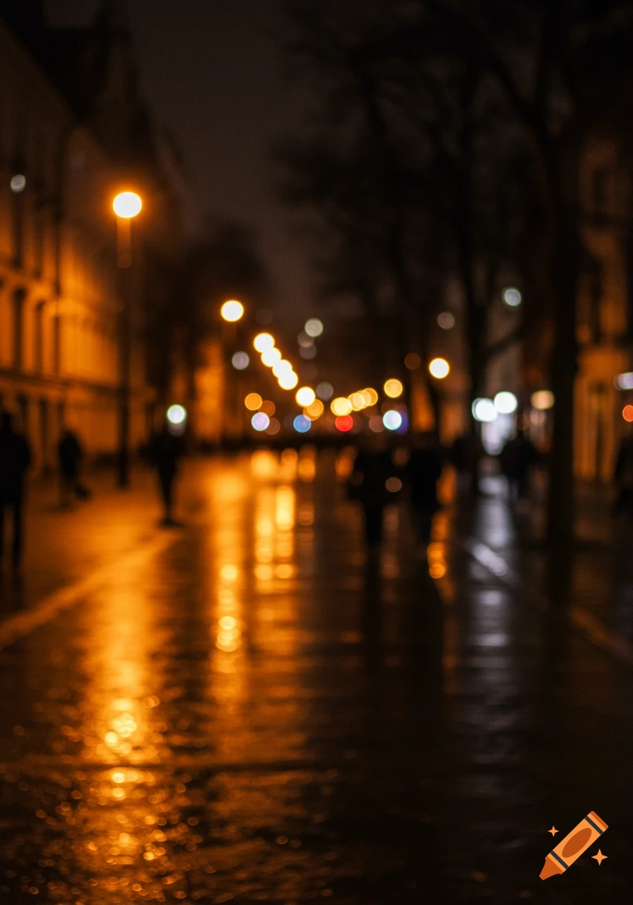 Blurred night street scene with orange and white streetlights reflecting on a wet road, with indistinct silhouettes of people walking.