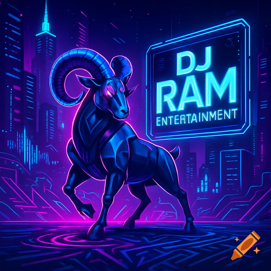 Neon blue and purple robotic ram in a futuristic city with a 'DJ RAM ENTERTAINMENT' sign.