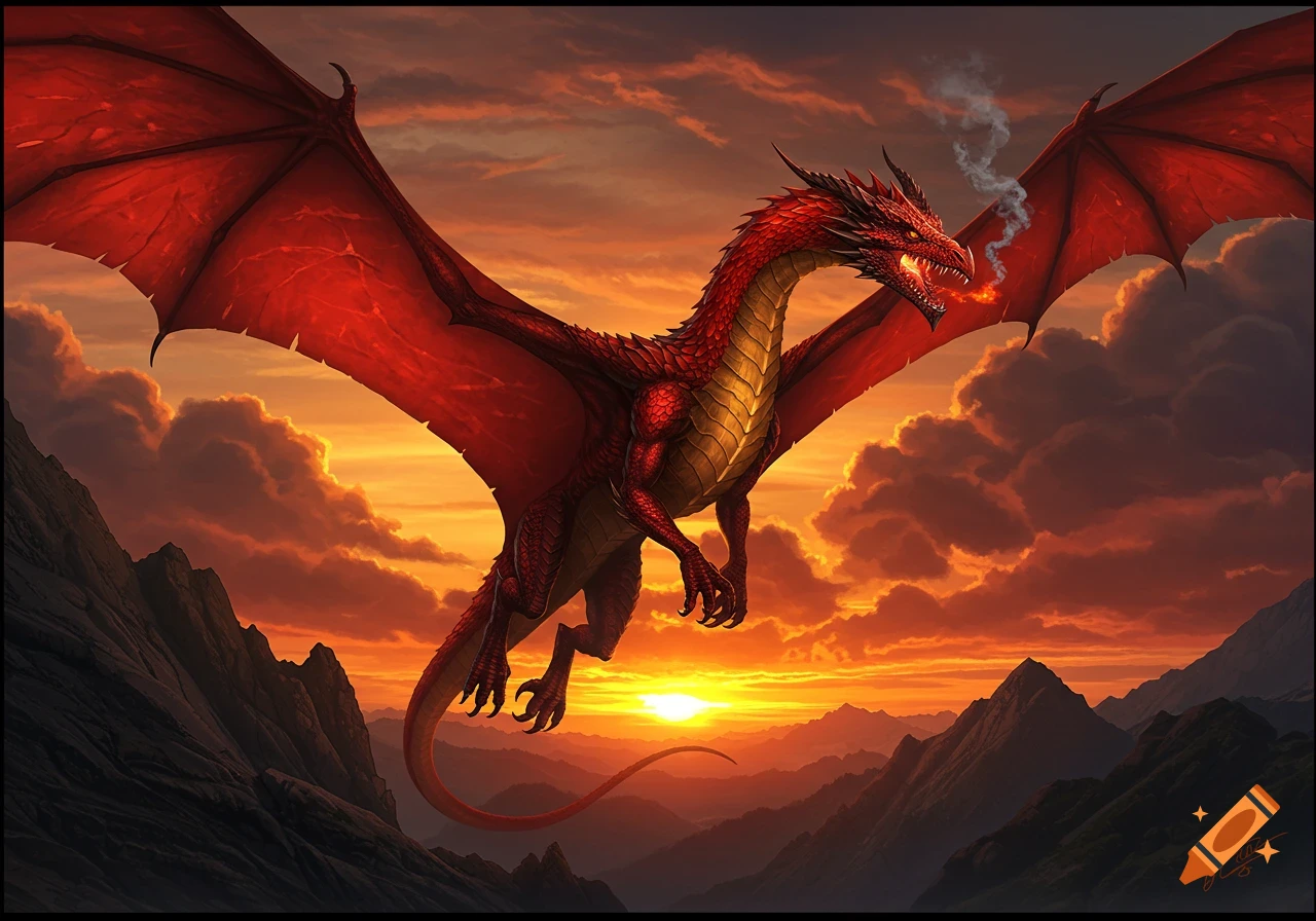 A red and gold dragon flies over mountains at sunset, breathing fire.