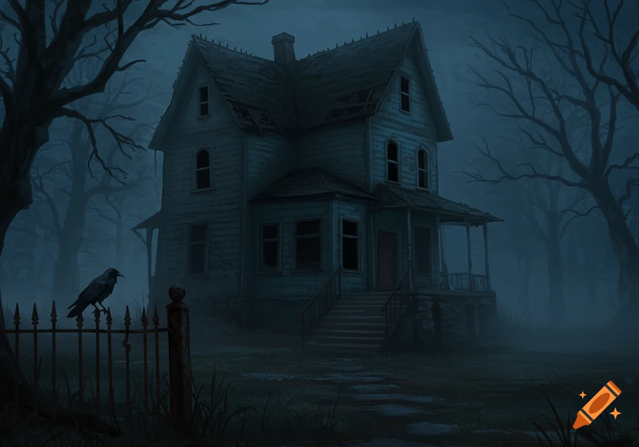 Eerie digital painting of an abandoned gothic house in a misty, dark forest with a crow on a rusty fence.