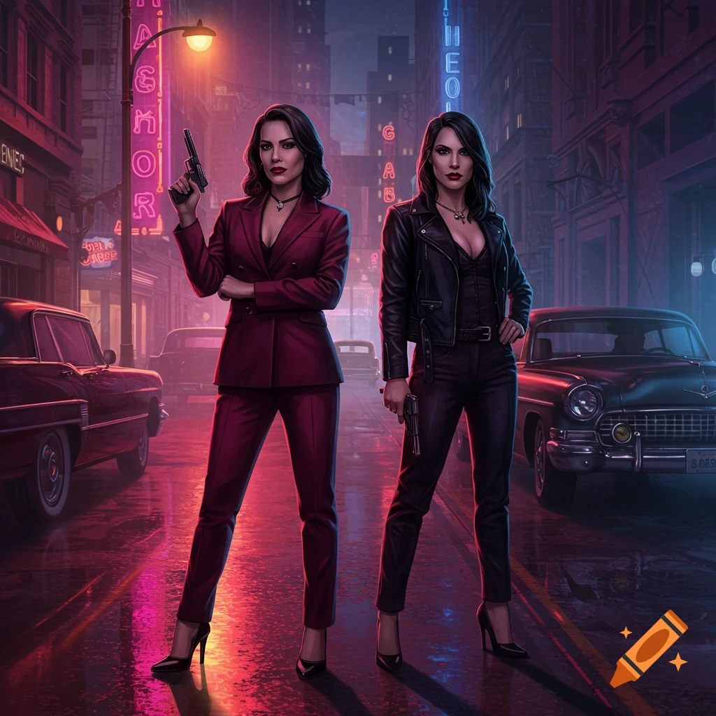 Two women in stylish outfits stand holding guns on a neon-lit city street at night, with classic cars in the background.