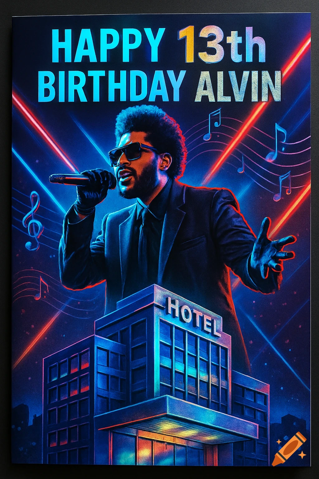 A neon-lit birthday card for Alvin, showing a singer resembling The Weeknd on stage above a hotel, with 'HAPPY 13th BIRTHDAY ALVIN' text.