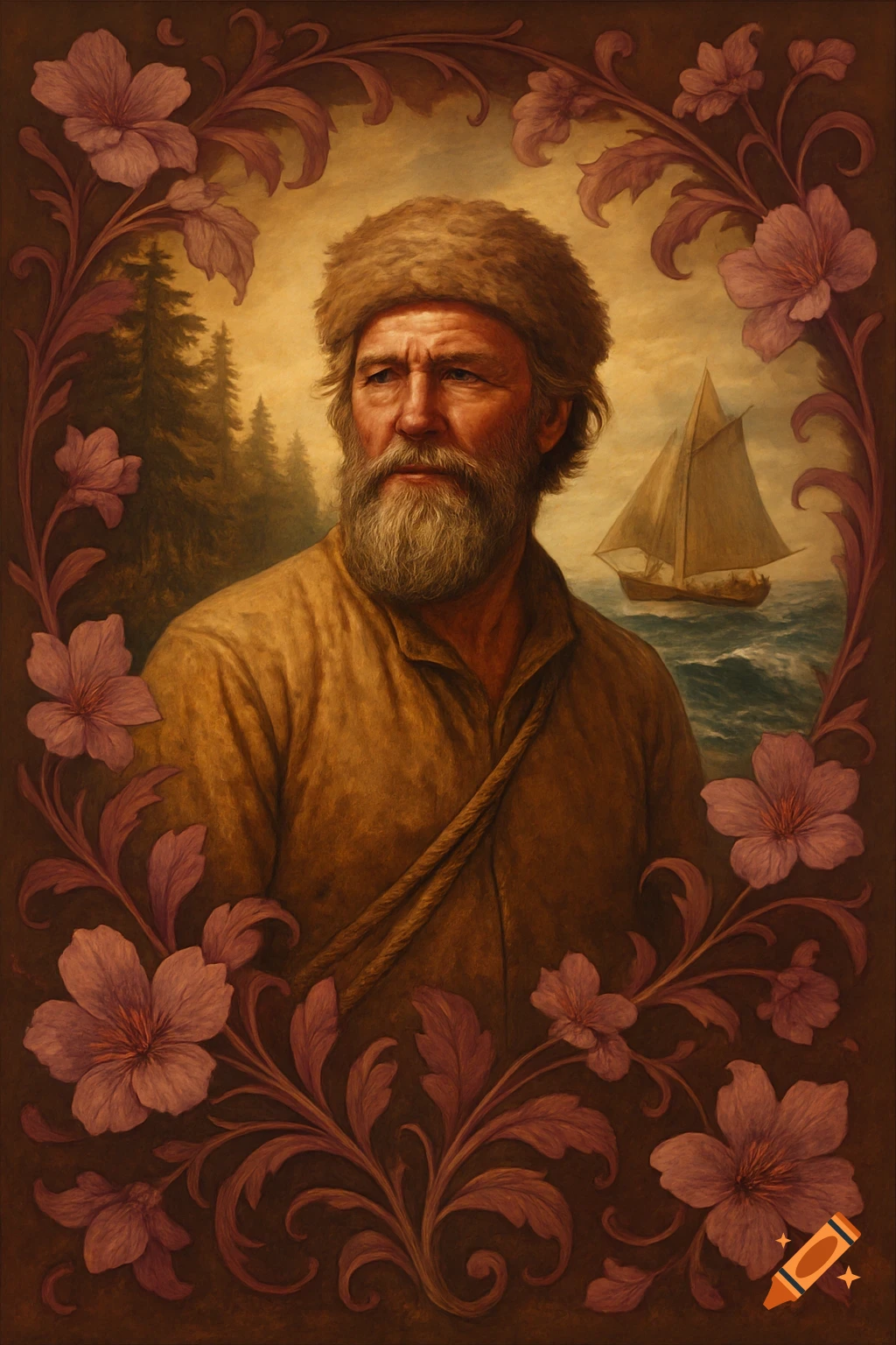 A painted portrait of a bearded man in a fur hat, framed by brown and pink flowers, with a forest and a sailboat on the sea in the background.