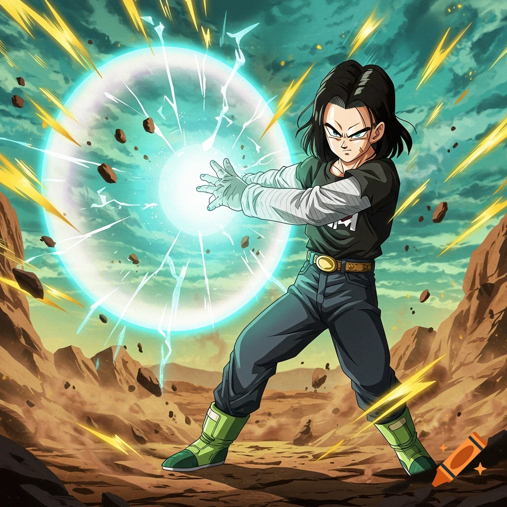 Android 17 from Dragon Ball Super, in anime art style, forming a glowing blue energy barrier with both hands in a rocky, barren landscape.