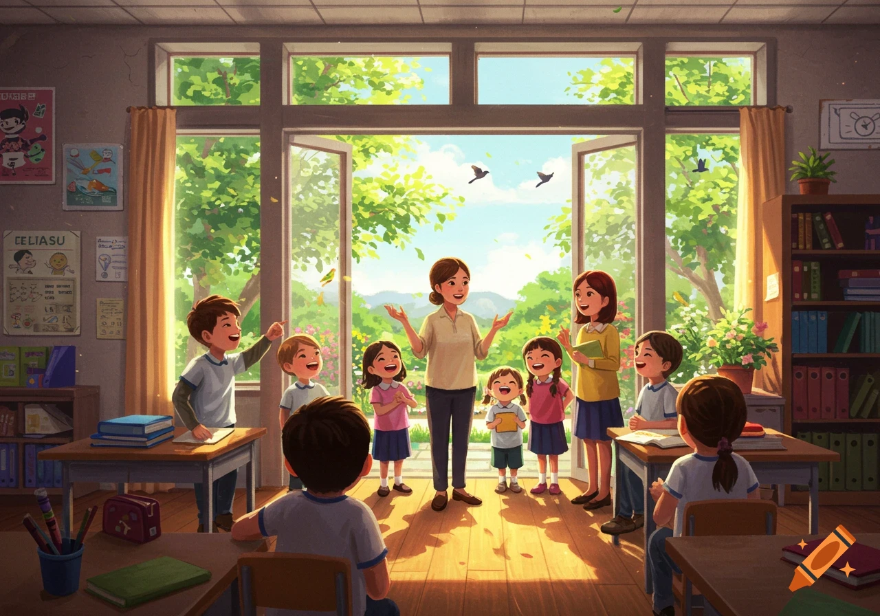 Bright illustration of a classroom with happy children and teachers. Sunlight streams through large windows showing trees, birds, and flowers outside.