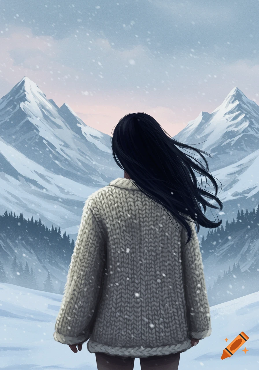 An illustrated woman with long black hair, seen from behind, wearing a white knitted sweater, gazing at snowy mountains under falling snow.
