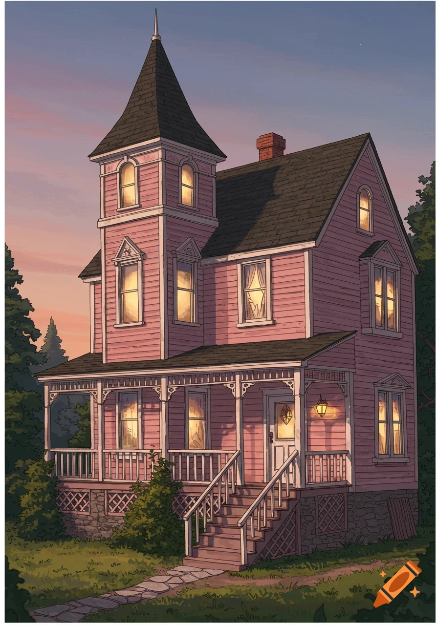 A pink Victorian-style house with a tall turret, wrap-around porch, and glowing windows at dusk. Illustrated.