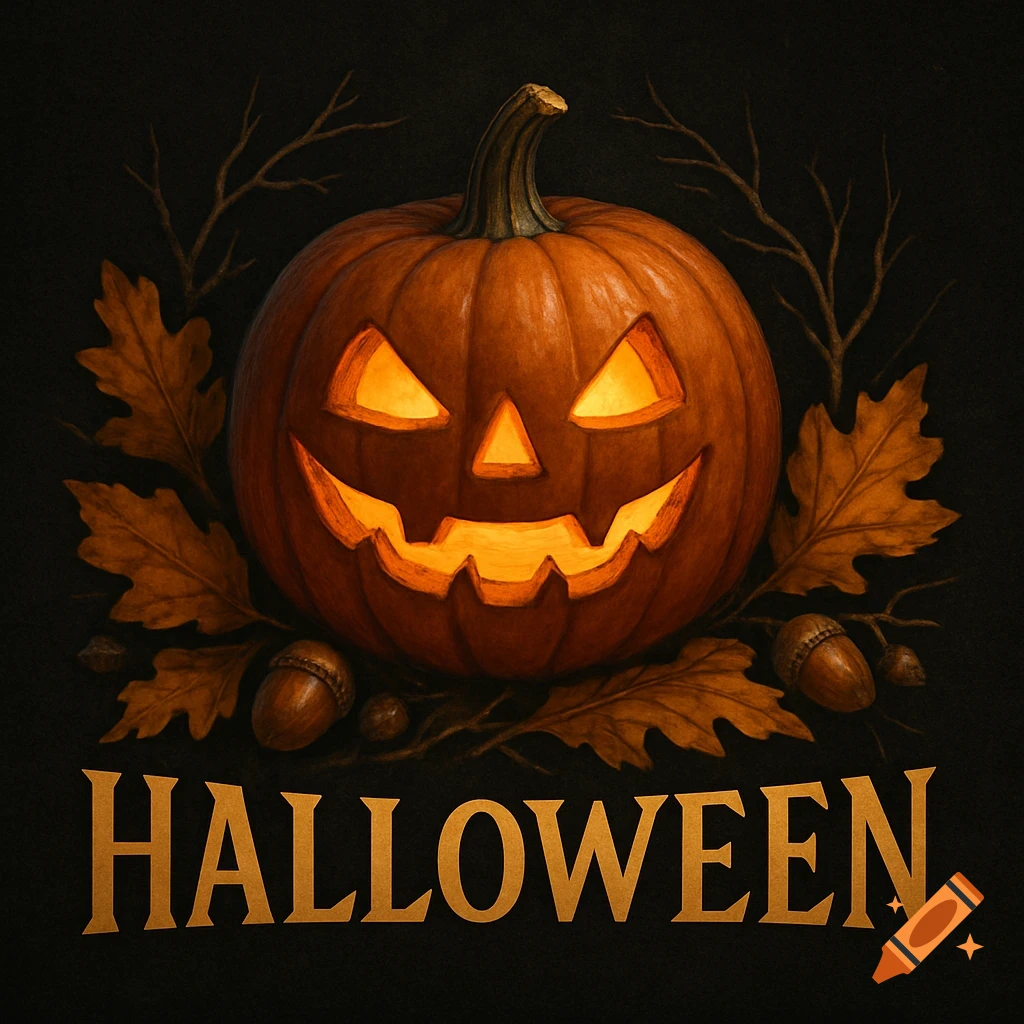 A stylized illustration of a glowing jack-o'-lantern surrounded by autumn leaves and acorns, with 'HALLOWEEN' text.