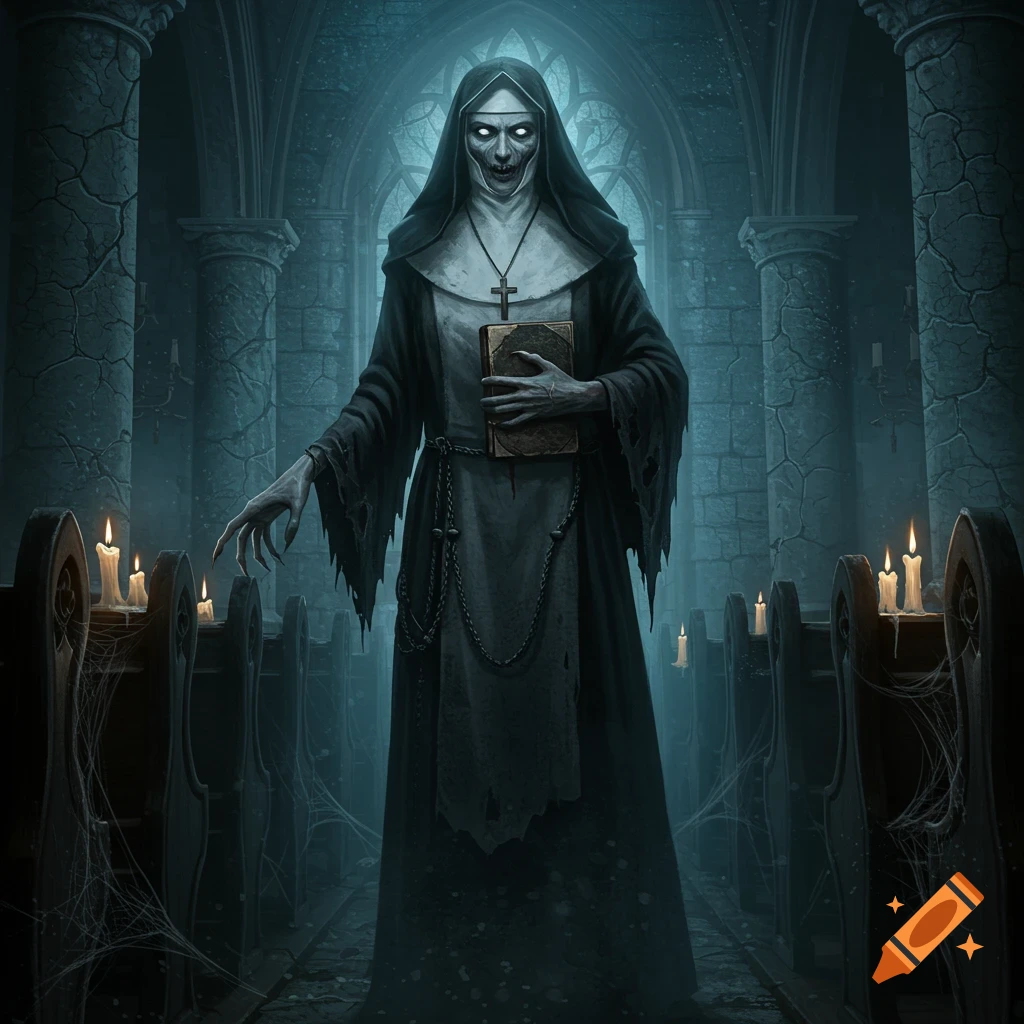 A terrifying nun with glowing eyes, sharp teeth, and clawed hands stands in a dark, candlelit gothic church with cobwebs.