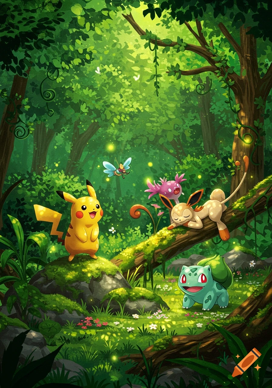 Pikachu, Leafeon, and Bulbasaur relaxing in a lush, green forest with dappled sunlight and glowing specs.