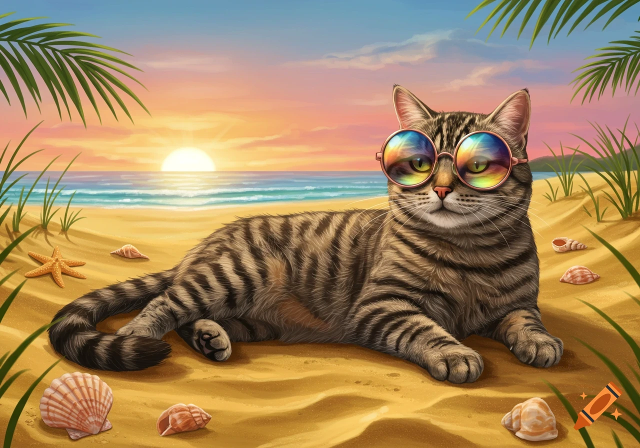 A tabby cat wearing colorful round sunglasses lies on a sandy beach at sunset with palm leaves and seashells.