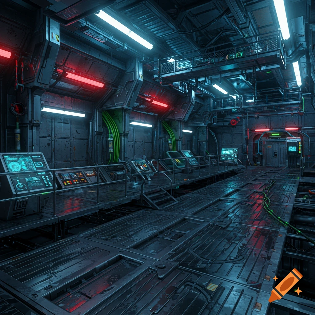 A detailed, futuristic sci-fi control room or corridor with glowing red and white neon lights, industrial metal textures, and complex machinery. Green cables run along the walls and floor, connecting various panels and screens.