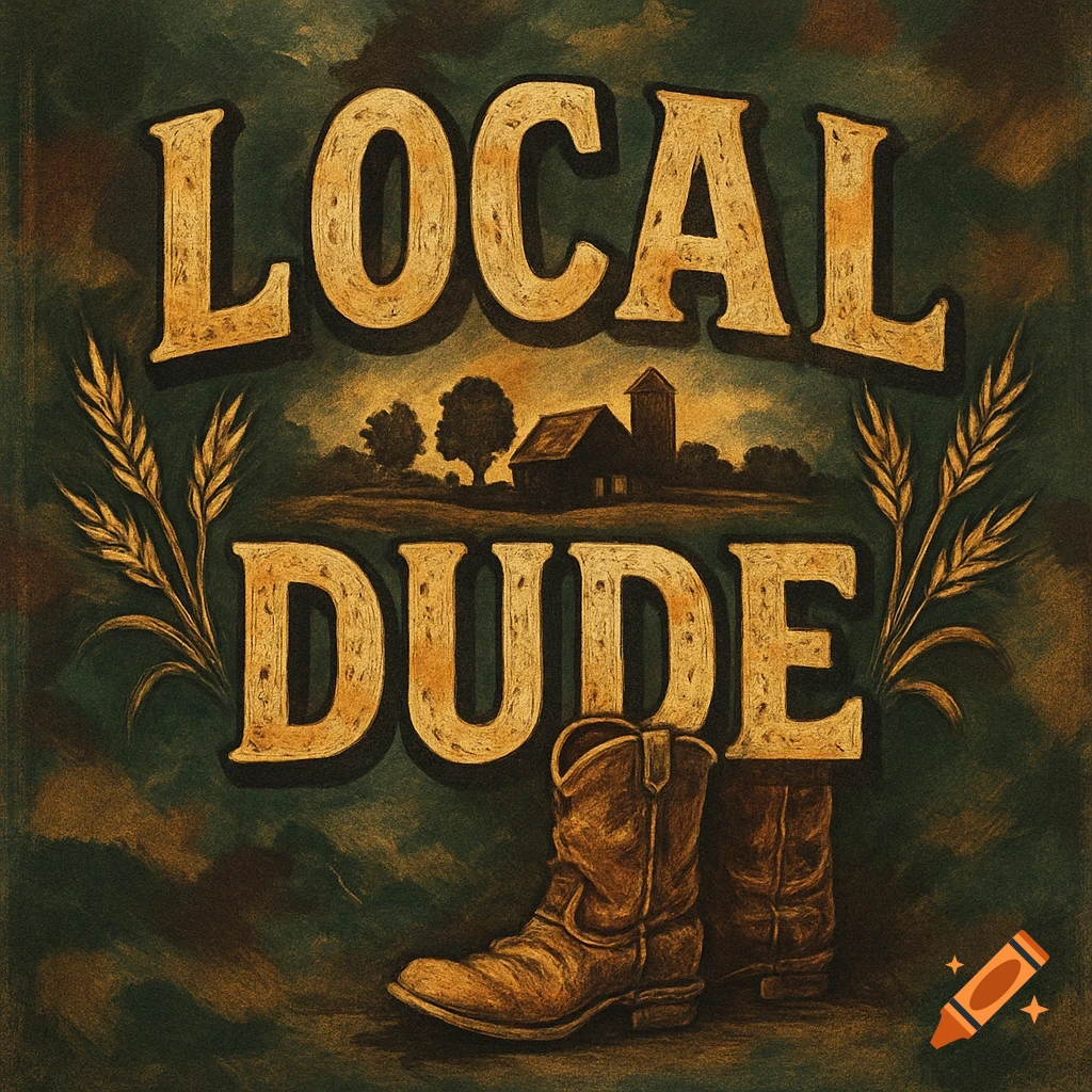 Rustic country design with 'LOCAL DUDE' text, a barn, wheat stalks, and a pair of cowboy boots against a dark, textured background.