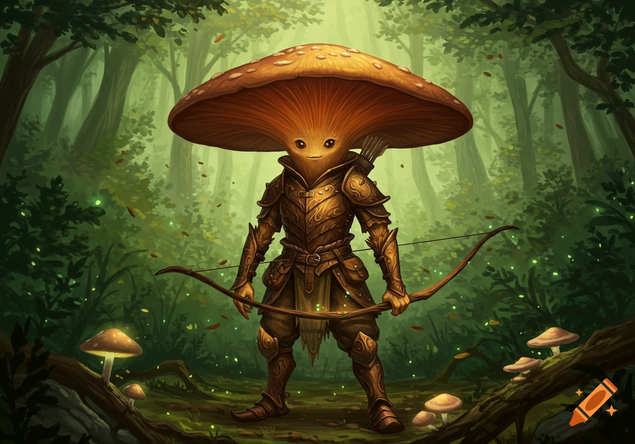 A friendly mushroom warrior in golden armor holds a longbow in a lush, magical forest.