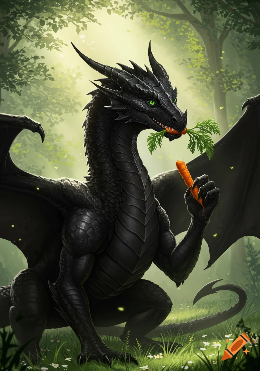A majestic black dragon with glowing green eyes holds a carrot in its mouth and a second carrot in its claw, standing in a sunlit green forest.