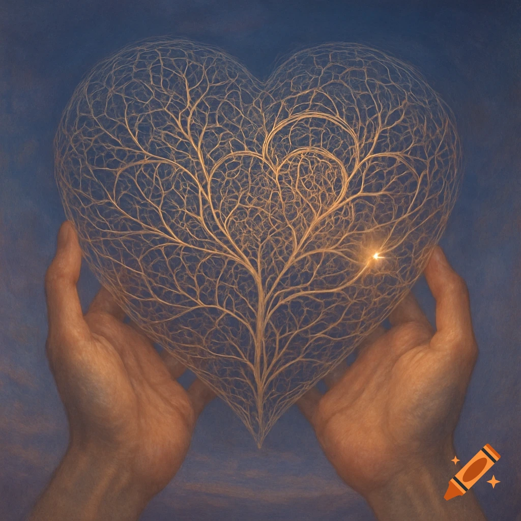 Two hands hold a glowing heart-shaped structure of intricate, interconnected lines, like a neural network or tree, on a blue background.
