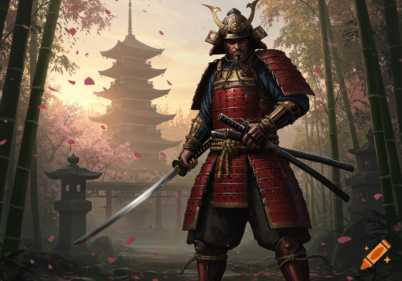 A samurai in red armor holds a katana in a Japanese landscape with a pagoda, bamboo, and cherry blossoms at sunset.