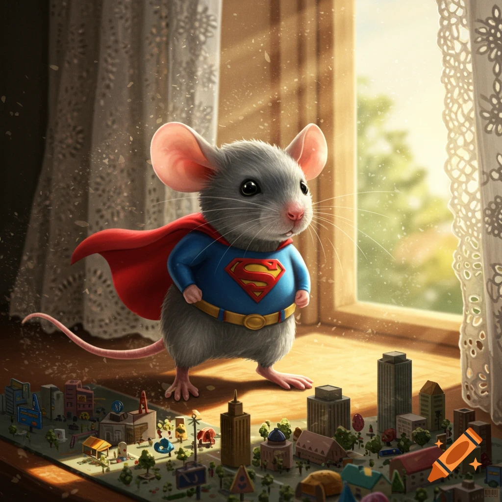 A cute gray mouse wearing a blue Superman suit with a red cape and "S" emblem stands on a windowsill overlooking a miniature city.