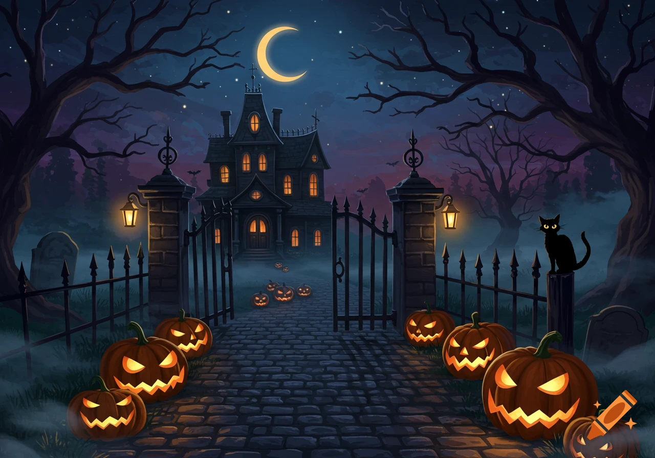 Illustrated spooky haunted house at night with jack-o'-lanterns, bare trees, a black cat on a fence, and a crescent moon.