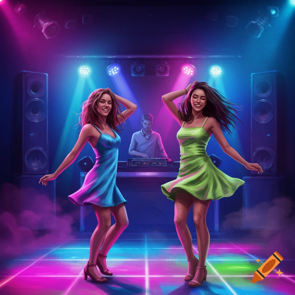 Two young women dance enthusiastically in a brightly lit nightclub with a DJ in the background, digital painting.
