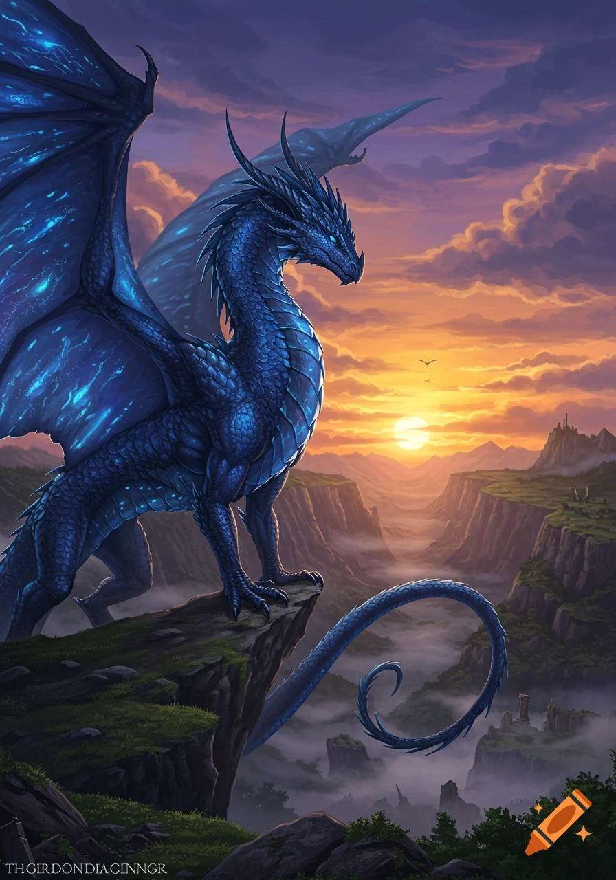 A majestic blue dragon with glowing accents stands on a cliff overlooking a misty valley at sunset, with distant mountains and ruins.