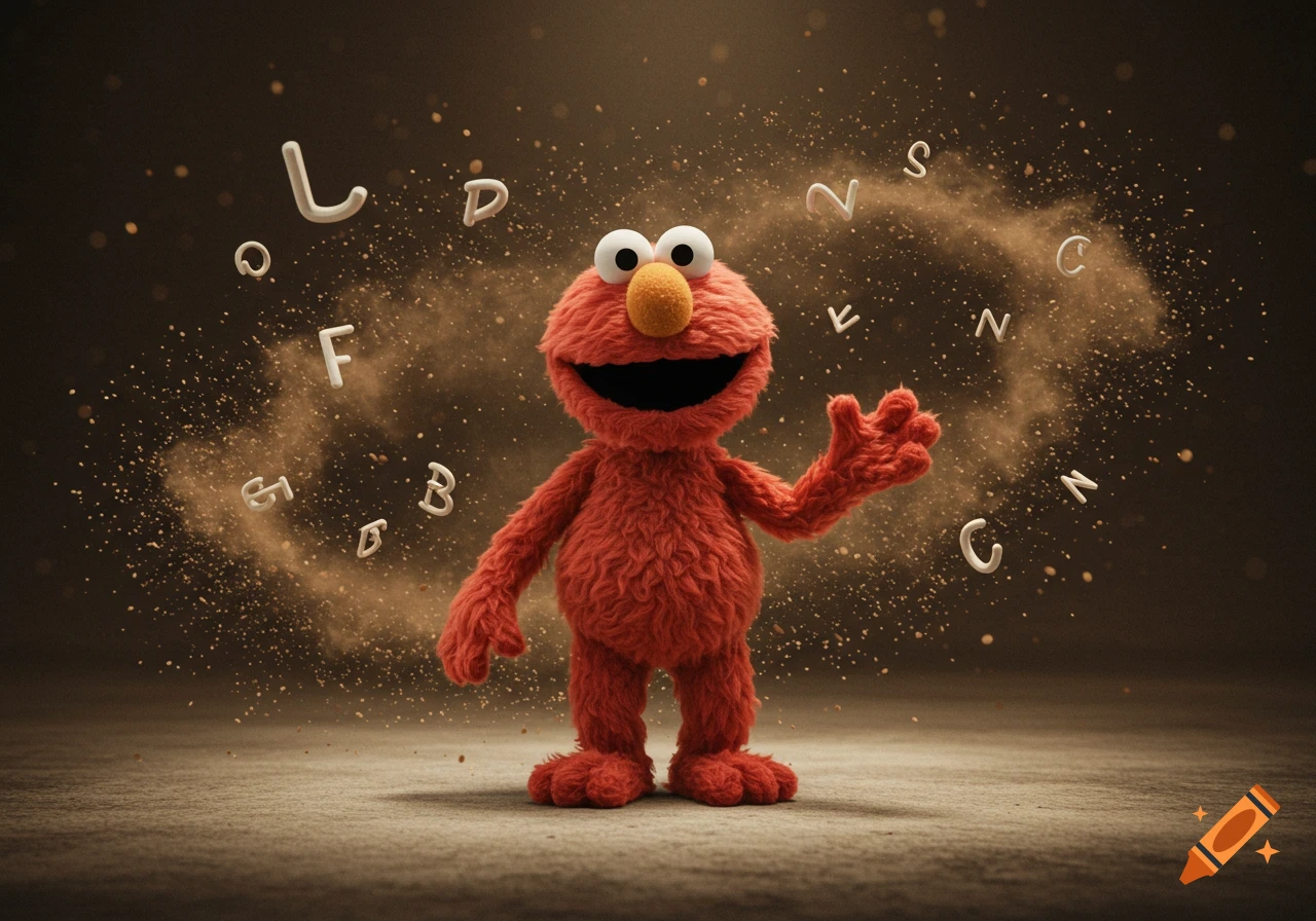 A smiling, furry red Elmo stands on a dusty surface, surrounded by floating white letters and swirling dust on a dark background.