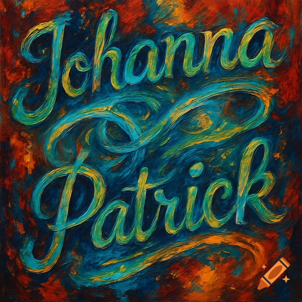 Abstract painting featuring the names Johanna and Patrick in vibrant blue and yellow script on a textured, multi-colored background.