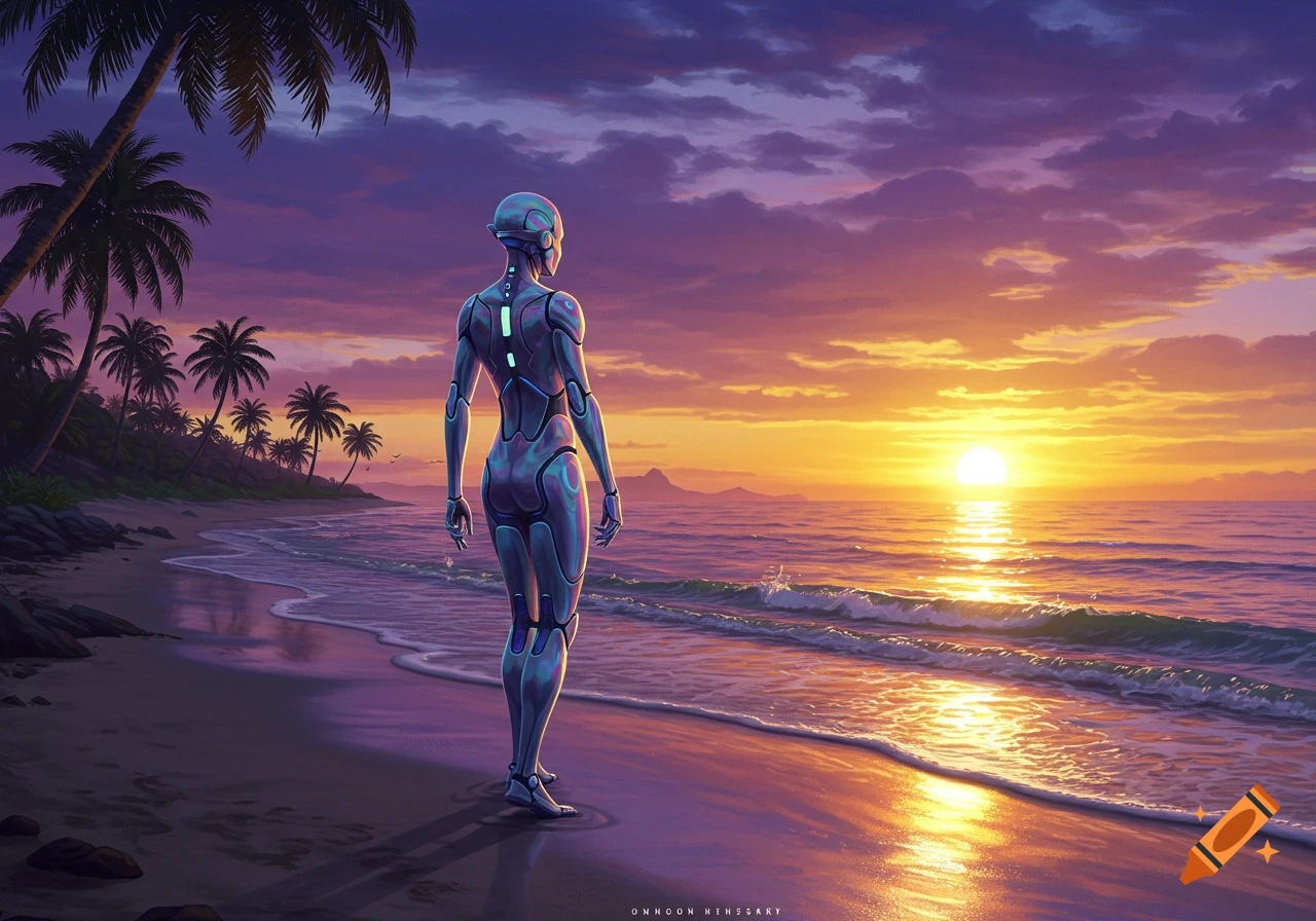 A humanoid robot stands on a tropical beach, gazing at a vibrant sunset over the ocean, with palm trees lining the shore. Digital art.