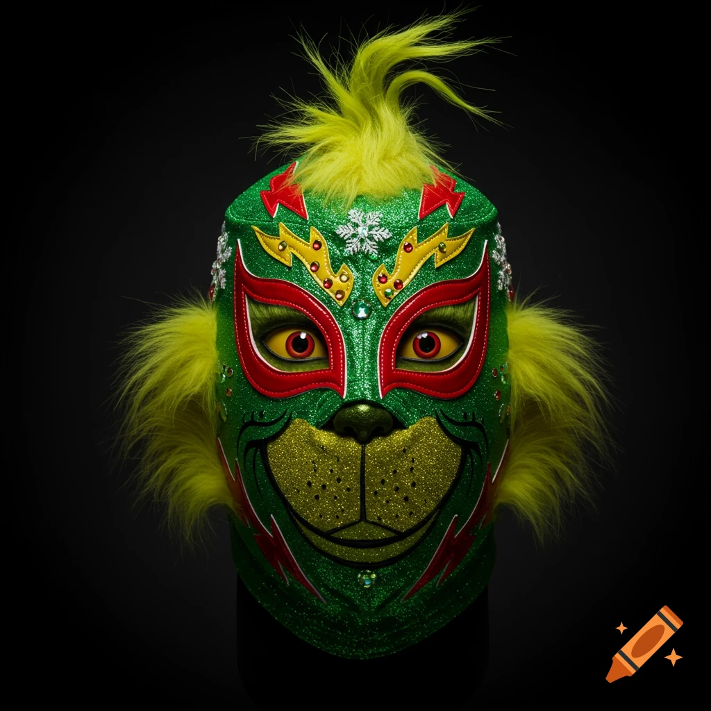 A photorealistic, glittery green Lucha Libre mask with yellow fur, red accents, large yellow eyes, and a Grinch-themed smiling mouth.