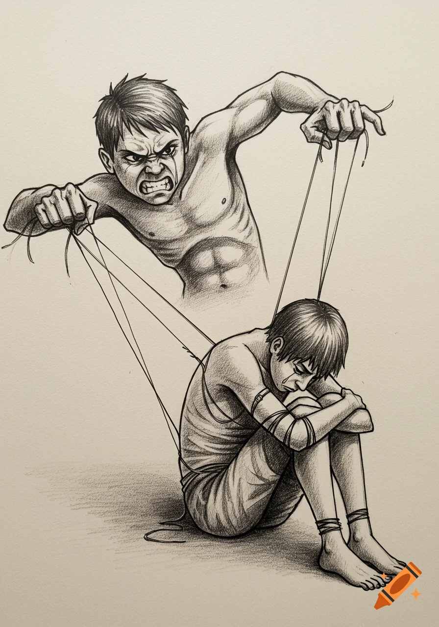 Pencil drawing of an angry, shirtless man with clenched teeth pulling strings attached to a smaller, sad, crying man huddled on the ground.