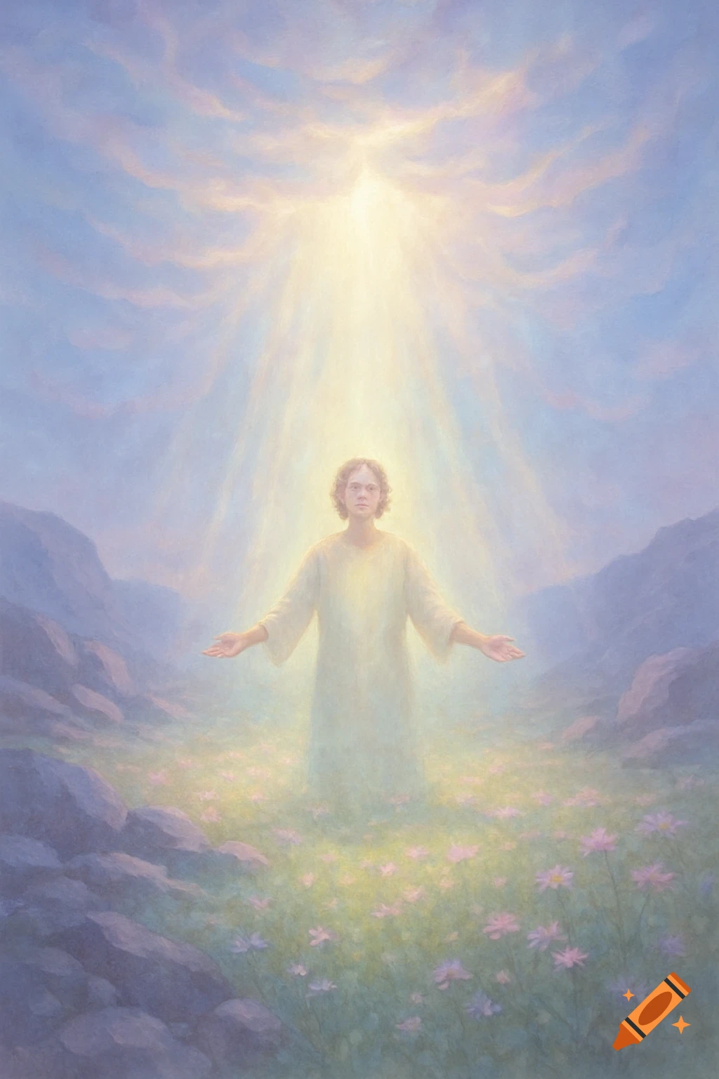 A serene painting of a person in a white robe with outstretched arms, standing in a field of purple flowers under bright light from the sky.