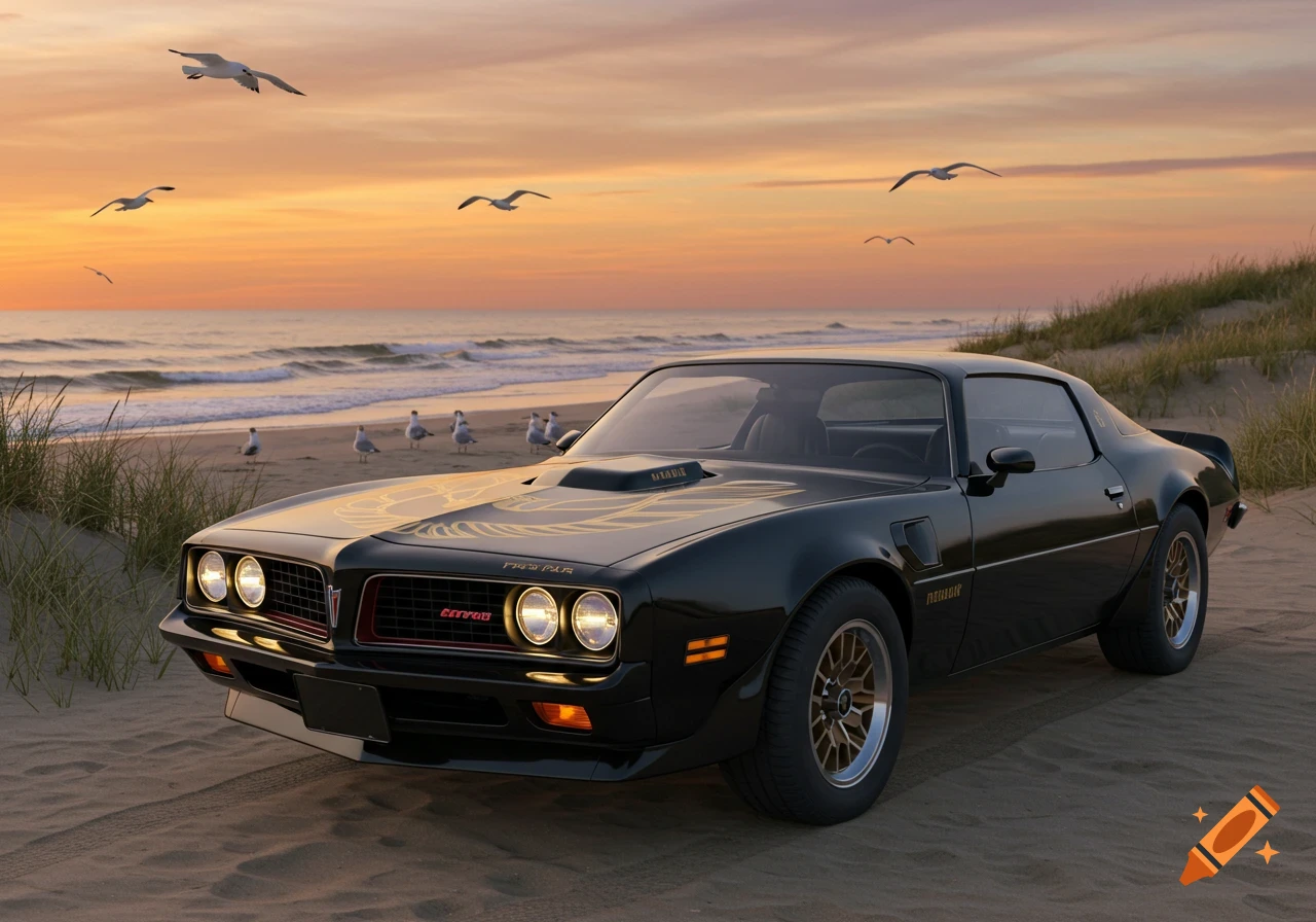 A black Pontiac Trans Am classic car is parked on a sandy beach at sunset with seagulls flying overhead.