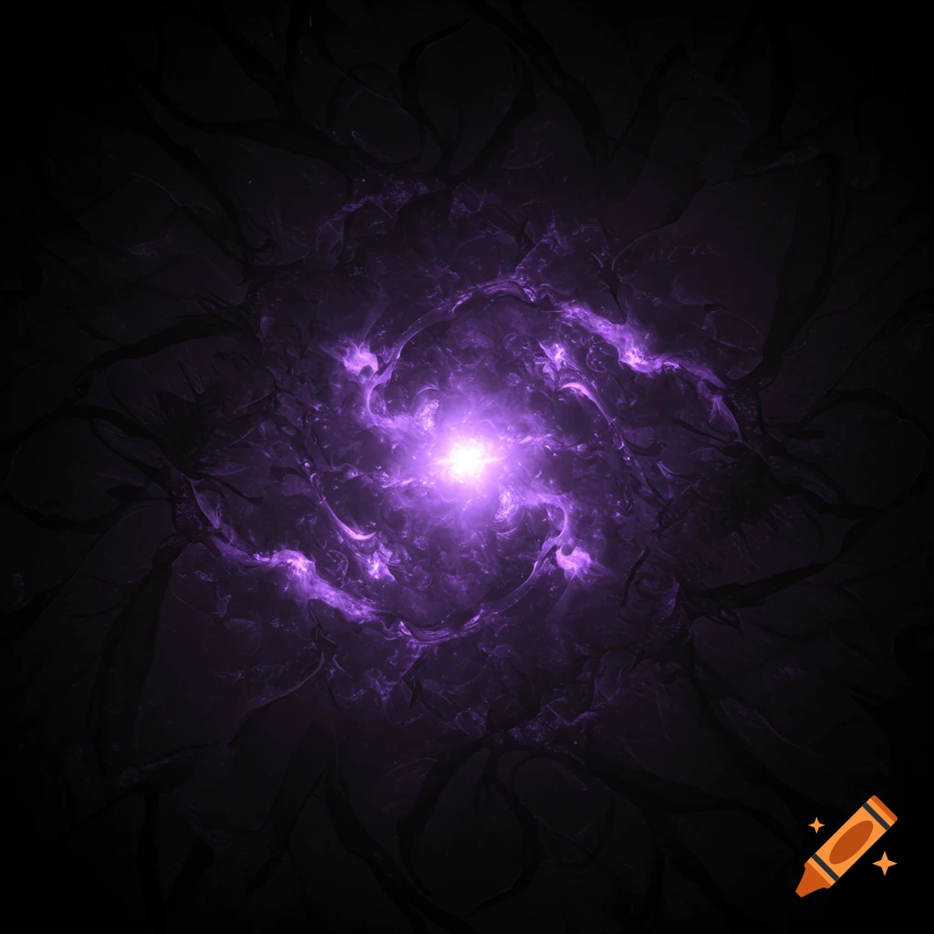 Bright purple glowing energy surrounded by dark swirling abstract patterns, resembling a nebula or galaxy.