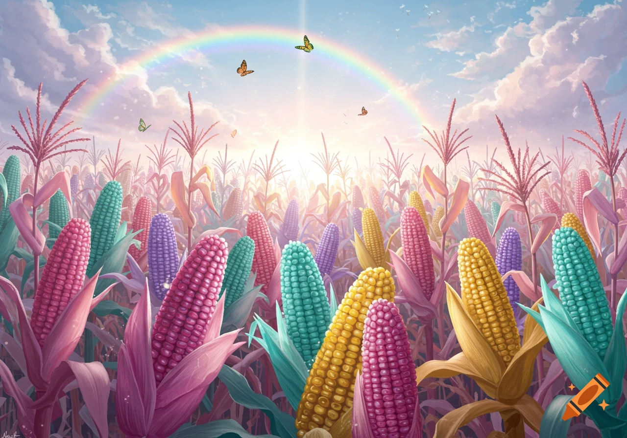 A vibrant field of pastel-colored corn cobs under a sky with a rainbow and butterflies, in a fantasy art style.