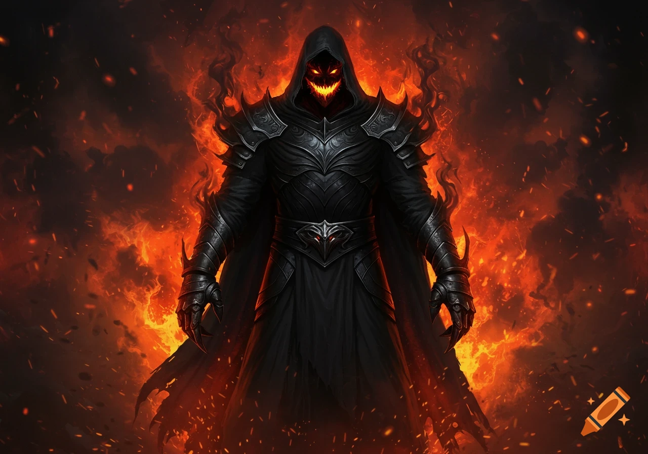 A menacing dark lord in black armor and hooded robe, with glowing red eyes and a jagged mouth, stands amidst a fiery inferno.